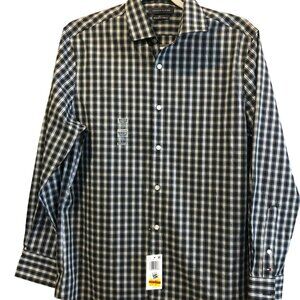 Tommy Hilfiger THFLEX Button Up Plaid LS Shirt Sz M 32/33 15 1/2" NWT Black Whit